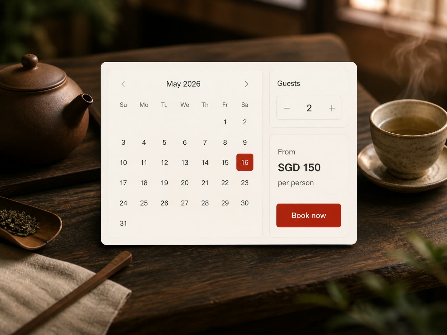 Booking calendar, guest selector and transparent pricing