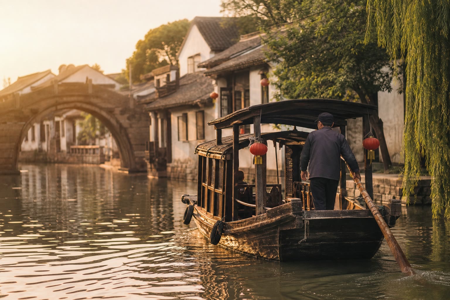 Traditional canal boat travelling through a Jiangnan water town at sunset