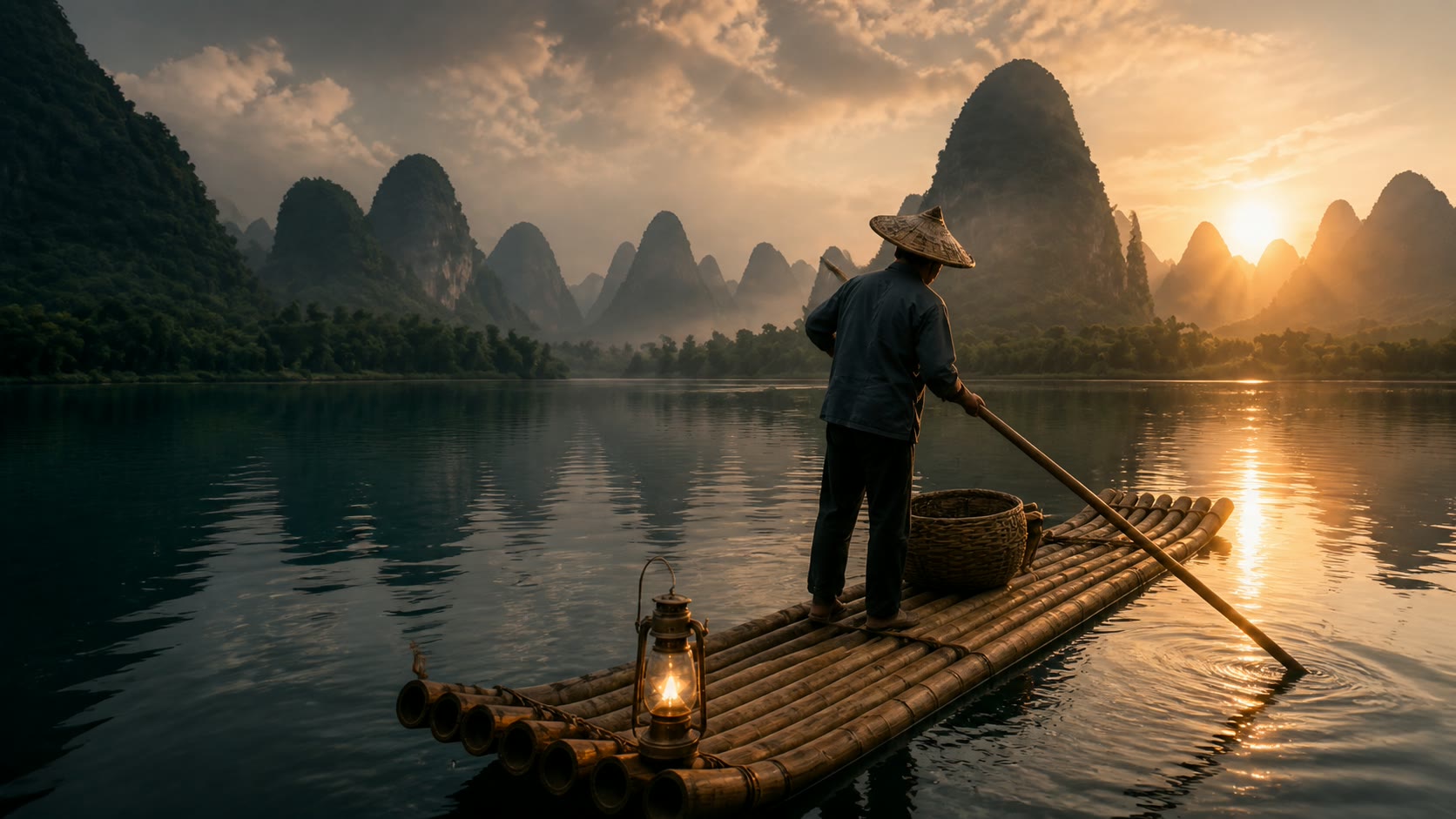 Sunrise bamboo raft journey through Guilin
